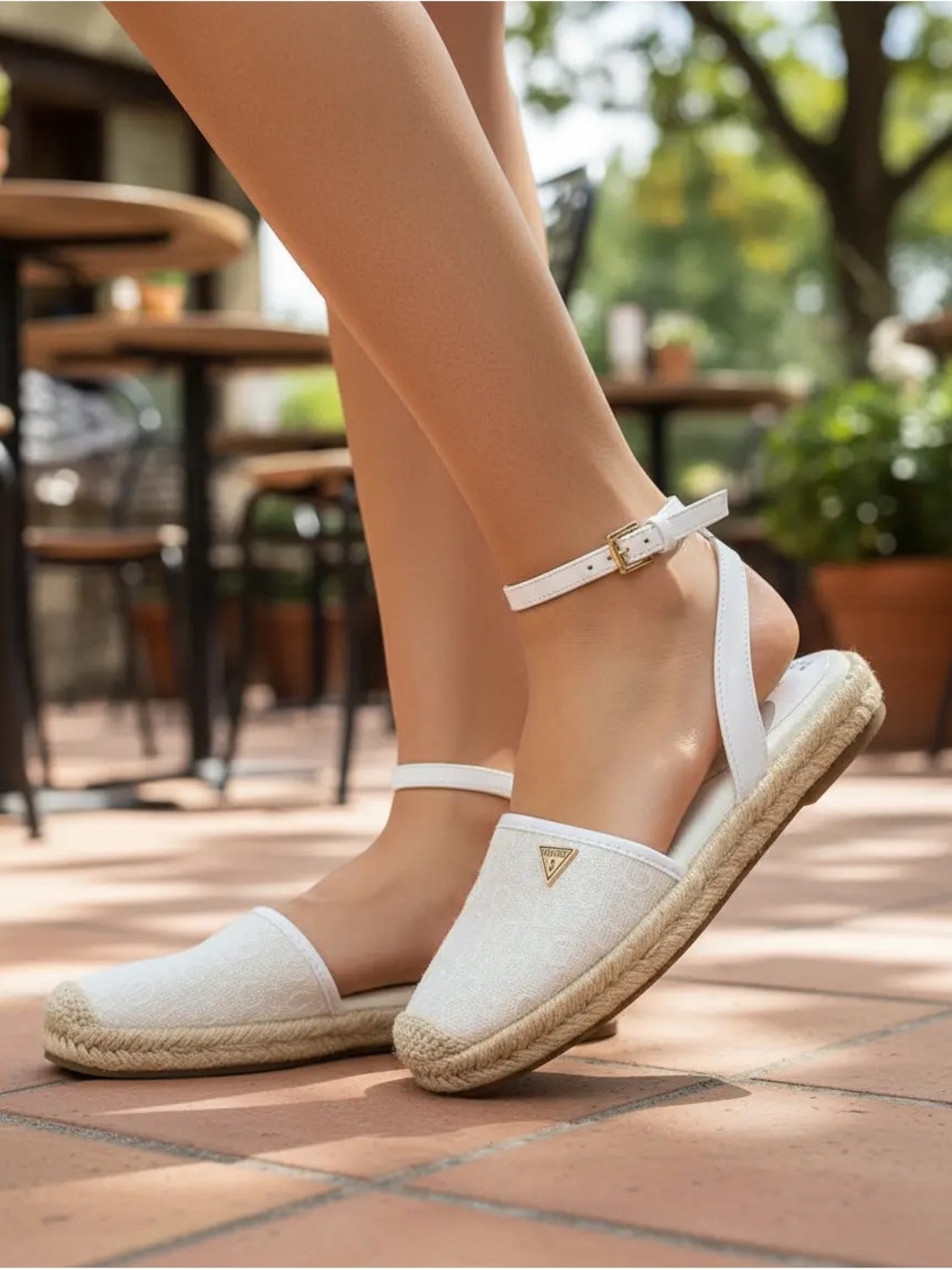 Guess White Espadrille Ankle-Strap Flats